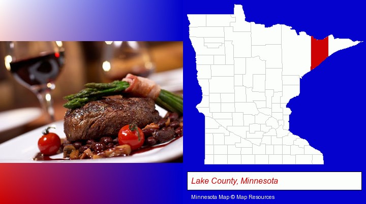 a steak dinner; Lake County, Minnesota highlighted in red on a map