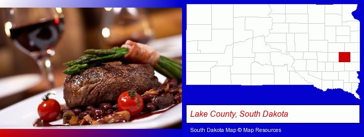 a steak dinner; Lake County, South Dakota highlighted in red on a map