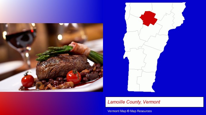 a steak dinner; Lamoille County, Vermont highlighted in red on a map