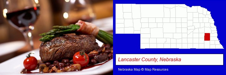 a steak dinner; Lancaster County, Nebraska highlighted in red on a map