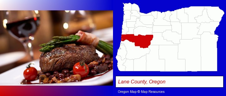 a steak dinner; Lane County, Oregon highlighted in red on a map