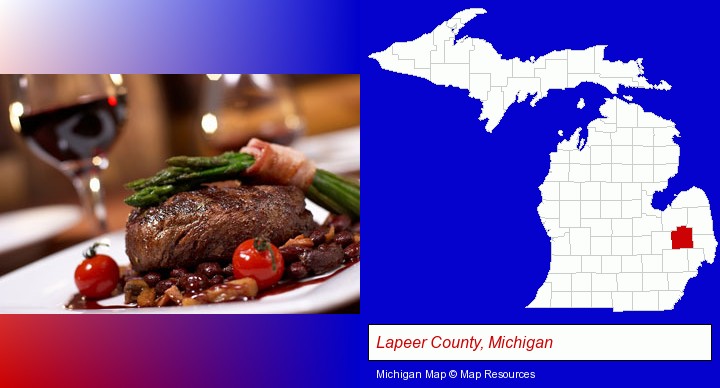 a steak dinner; Lapeer County, Michigan highlighted in red on a map
