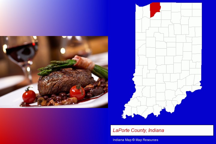 a steak dinner; LaPorte County, Indiana highlighted in red on a map