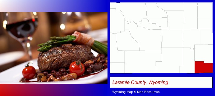 a steak dinner; Laramie County, Wyoming highlighted in red on a map
