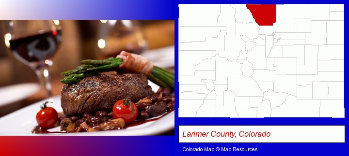 a steak dinner; Larimer County, Colorado highlighted in red on a map