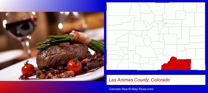 a steak dinner; Las Animas County, Colorado highlighted in red on a map