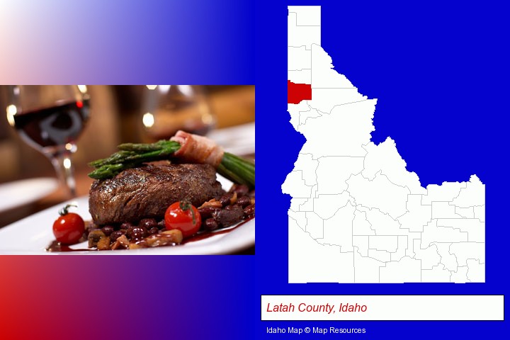 a steak dinner; Latah County, Idaho highlighted in red on a map