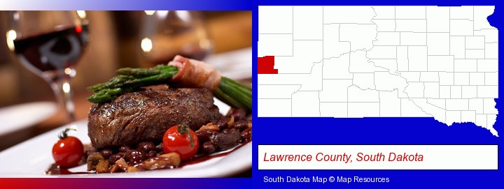 a steak dinner; Lawrence County, South Dakota highlighted in red on a map