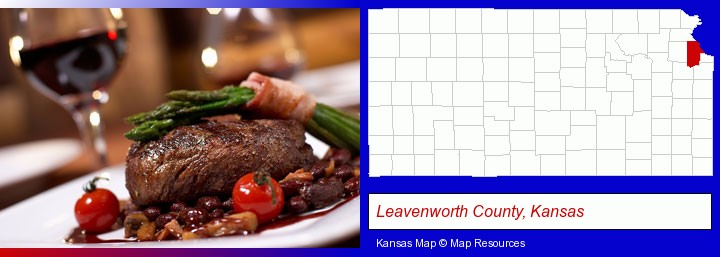 a steak dinner; Leavenworth County, Kansas highlighted in red on a map