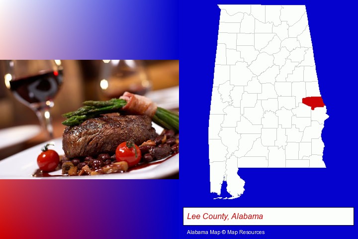 a steak dinner; Lee County, Alabama highlighted in red on a map