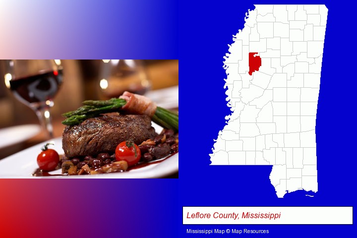 a steak dinner; Leflore County, Mississippi highlighted in red on a map