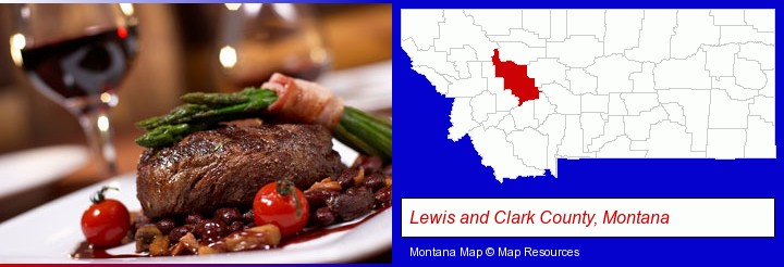 a steak dinner; Lewis and Clark County, Montana highlighted in red on a map