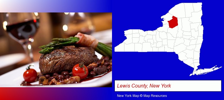 a steak dinner; Lewis County, New York highlighted in red on a map