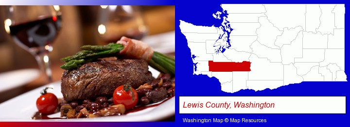 a steak dinner; Lewis County, Washington highlighted in red on a map