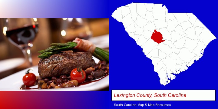 a steak dinner; Lexington County, South Carolina highlighted in red on a map