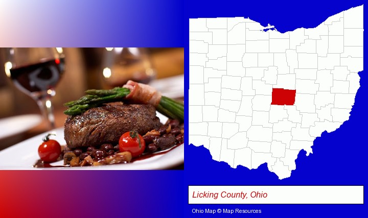 a steak dinner; Licking County, Ohio highlighted in red on a map
