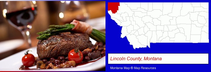 a steak dinner; Lincoln County, Montana highlighted in red on a map