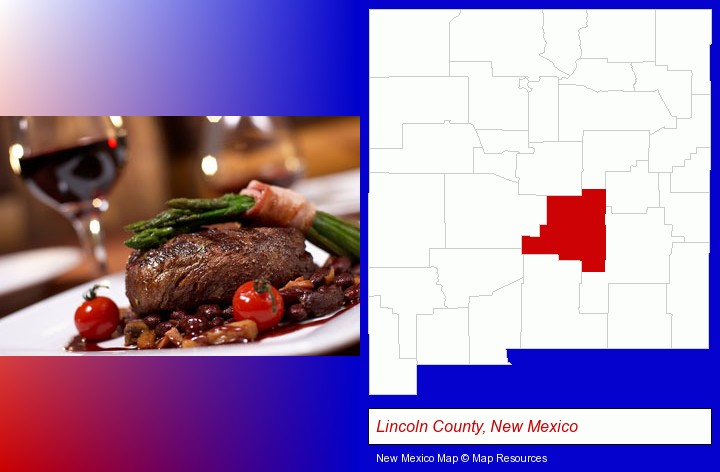 a steak dinner; Lincoln County, New Mexico highlighted in red on a map