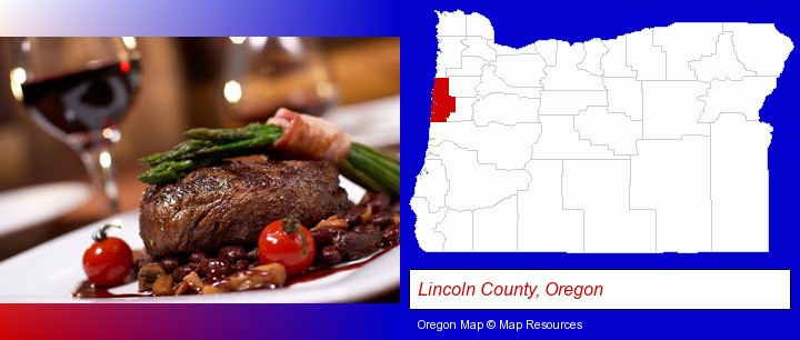 a steak dinner; Lincoln County, Oregon highlighted in red on a map