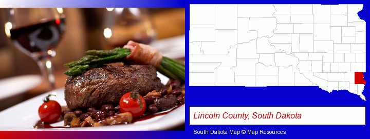 a steak dinner; Lincoln County, South Dakota highlighted in red on a map