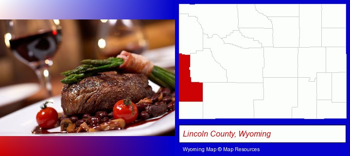 a steak dinner; Lincoln County, Wyoming highlighted in red on a map