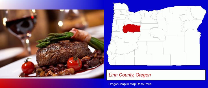 a steak dinner; Linn County, Oregon highlighted in red on a map