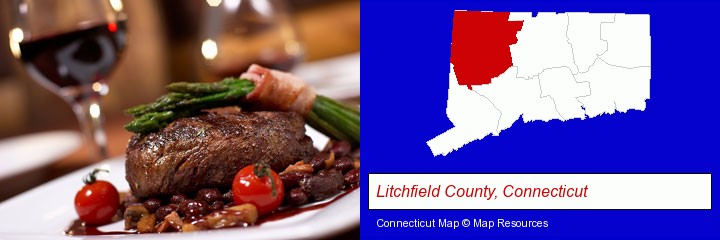 a steak dinner; Litchfield County, Connecticut highlighted in red on a map