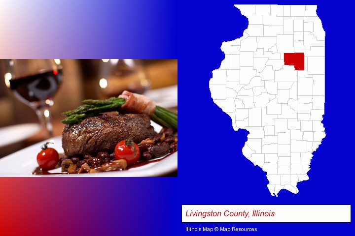 a steak dinner; Livingston County, Illinois highlighted in red on a map