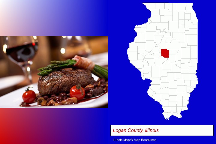 a steak dinner; Logan County, Illinois highlighted in red on a map