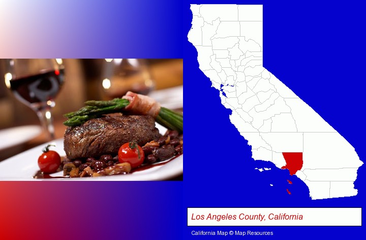 a steak dinner; Los Angeles County, California highlighted in red on a map
