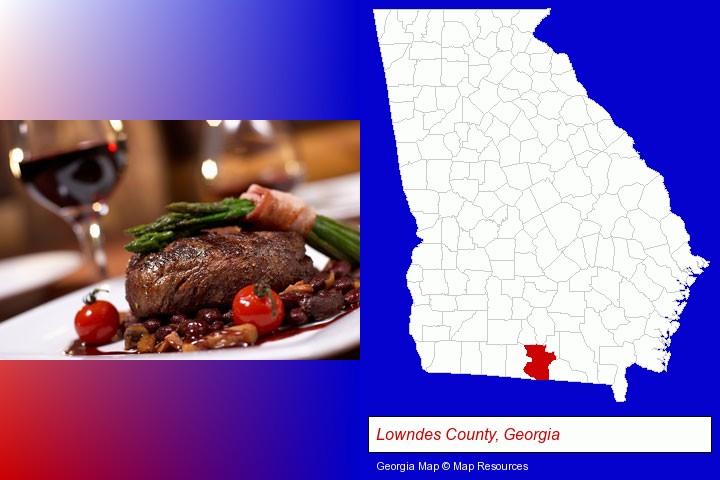 a steak dinner; Lowndes County, Georgia highlighted in red on a map