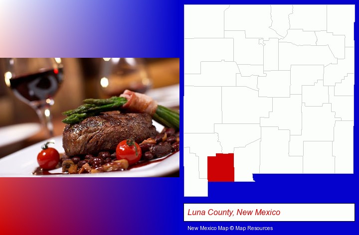 a steak dinner; Luna County, New Mexico highlighted in red on a map