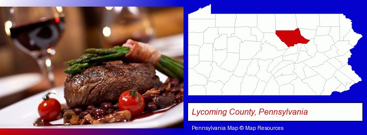 a steak dinner; Lycoming County, Pennsylvania highlighted in red on a map