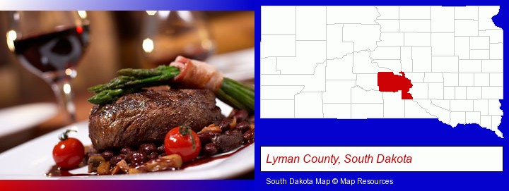 a steak dinner; Lyman County, South Dakota highlighted in red on a map