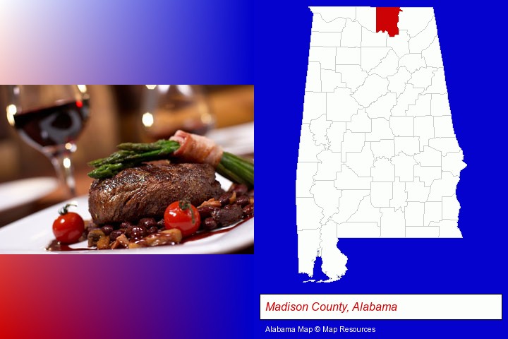 a steak dinner; Madison County, Alabama highlighted in red on a map