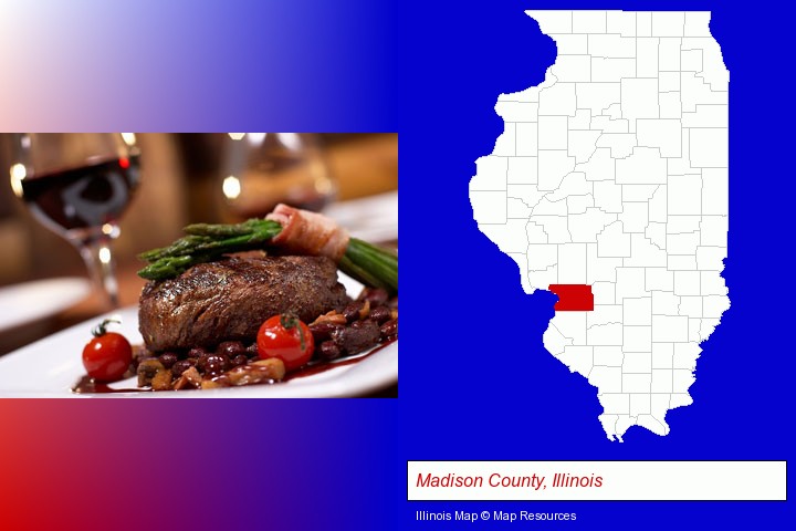 a steak dinner; Madison County, Illinois highlighted in red on a map