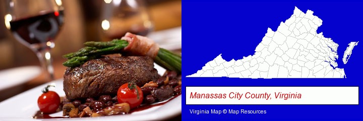 a steak dinner; Manassas City County, Virginia highlighted in red on a map