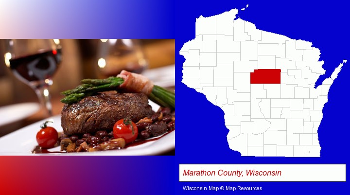 a steak dinner; Marathon County, Wisconsin highlighted in red on a map