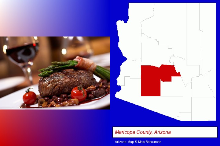 a steak dinner; Maricopa County, Arizona highlighted in red on a map