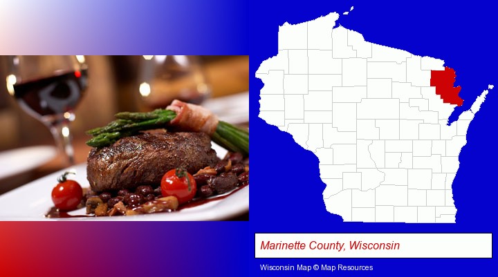 a steak dinner; Marinette County, Wisconsin highlighted in red on a map