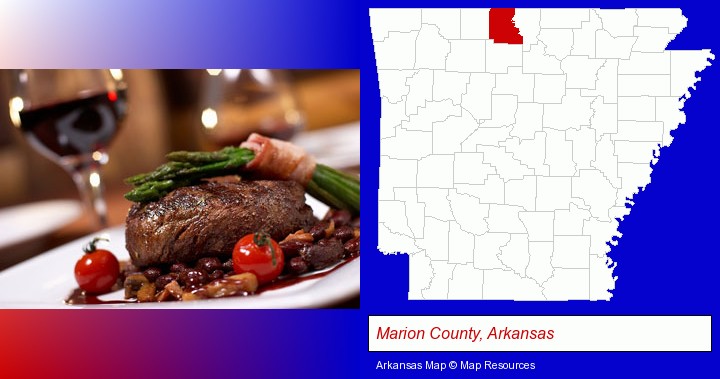 a steak dinner; Marion County, Arkansas highlighted in red on a map