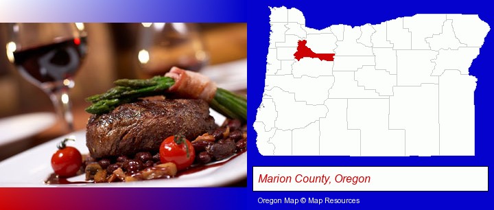 a steak dinner; Marion County, Oregon highlighted in red on a map