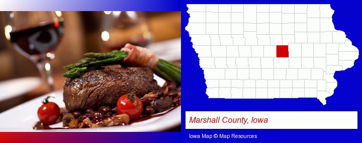 a steak dinner; Marshall County, Iowa highlighted in red on a map