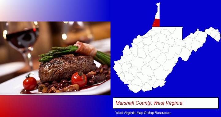 a steak dinner; Marshall County, West Virginia highlighted in red on a map