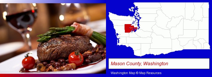 a steak dinner; Mason County, Washington highlighted in red on a map