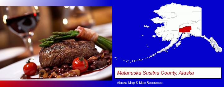 a steak dinner; Matanuska Susitna County, Alaska highlighted in red on a map