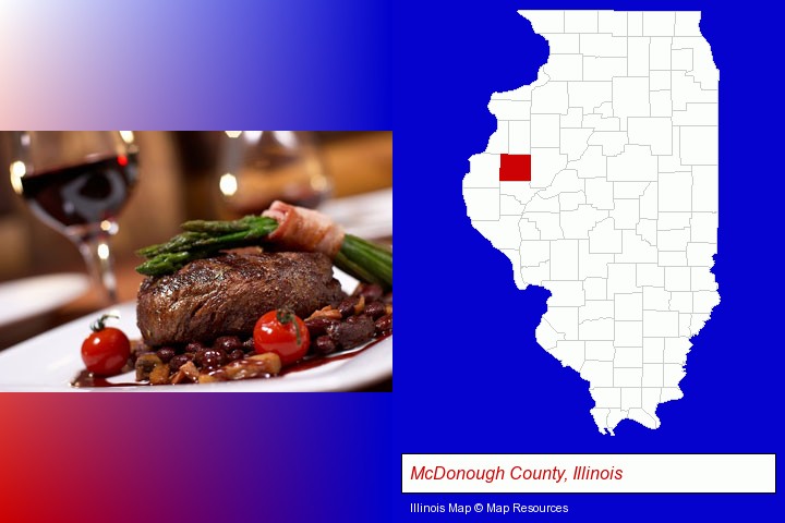 a steak dinner; McDonough County, Illinois highlighted in red on a map