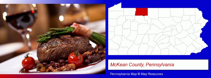 a steak dinner; McKean County, Pennsylvania highlighted in red on a map