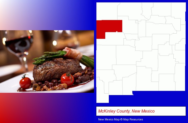 a steak dinner; McKinley County, New Mexico highlighted in red on a map