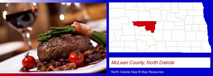 a steak dinner; McLean County, North Dakota highlighted in red on a map